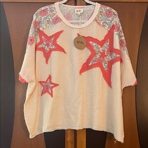 NWT BiBi Mixed Media Light Cream Gauze & Deep Coral Star Floral Tee w/ Raw Edges